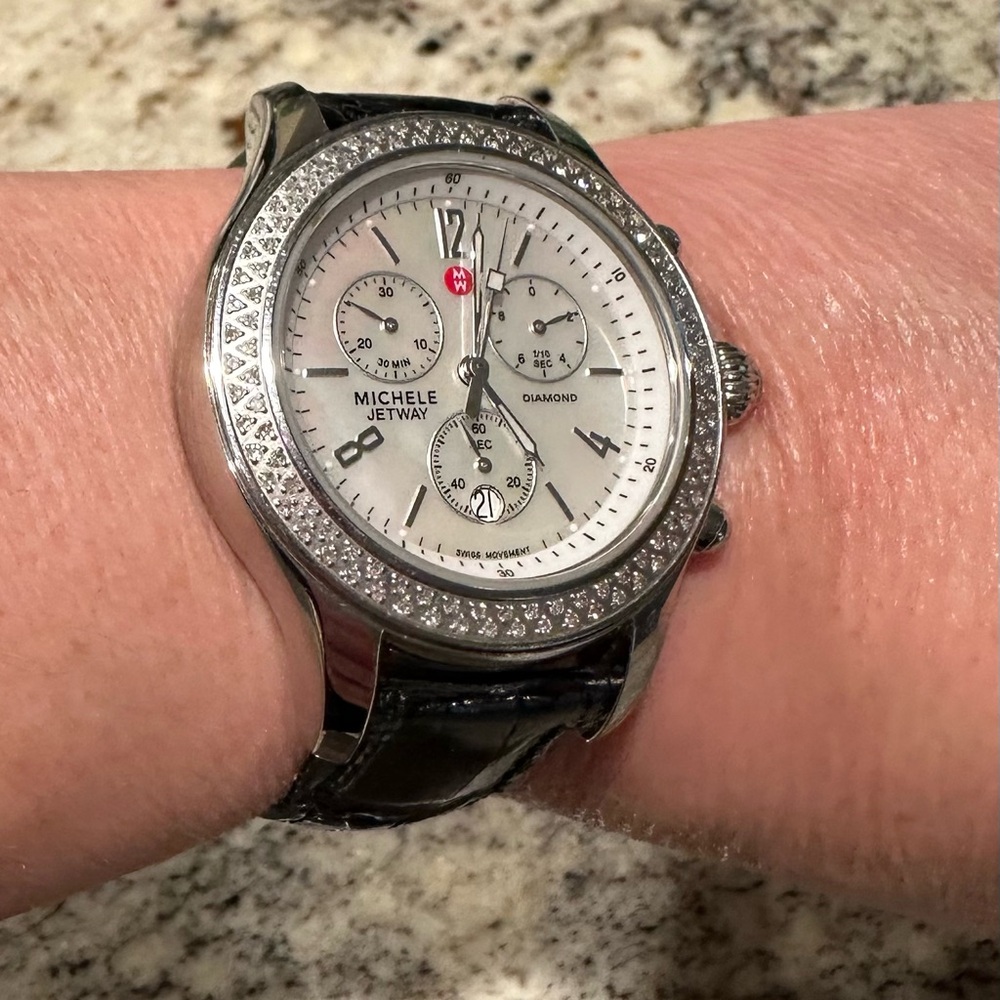 Michele Jetway Diamond Stainless Watch with Black Crocodile Strap
